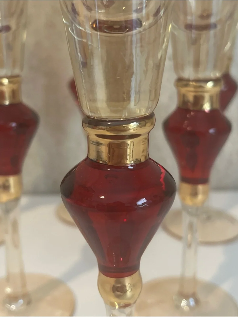 Vintage Pier 1 Imports Amber Luster Red Jewel Champaign Flute 11.5” Set of 6